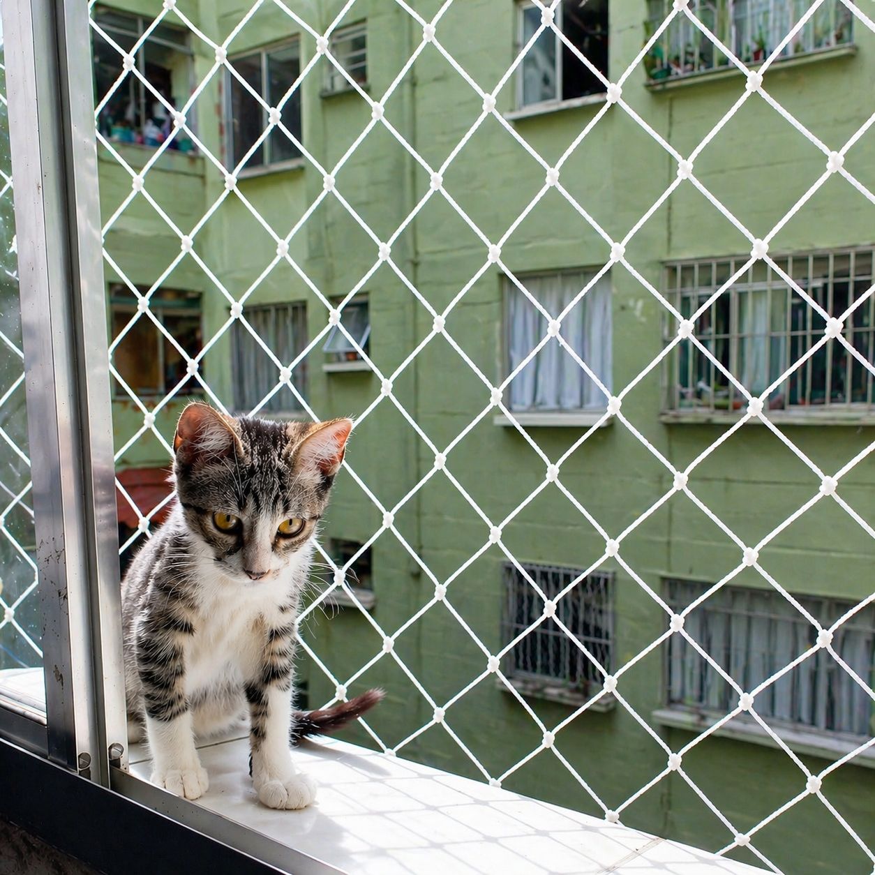 Gatinho na janela com proteção